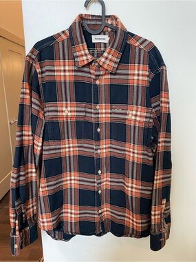 Taylor Stitch Navy and Orange Plaid Flannel Button-Down
